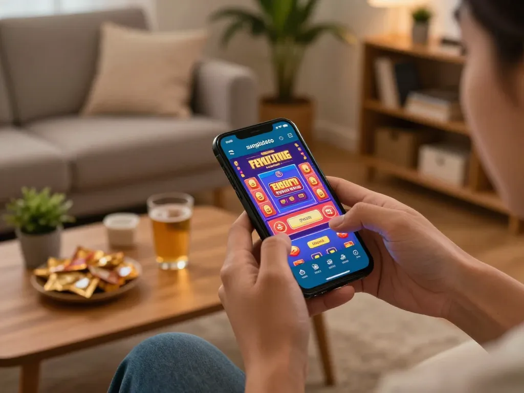 Experience engaging gameplay with the link sungaitoto gaming app on mobile in a cozy home setting.