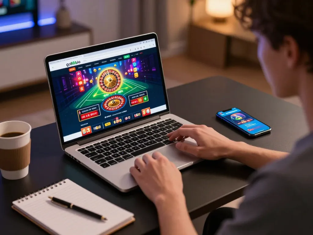 Engagingly using go8s.bio on a laptop for online casino gaming, showcasing a focused atmosphere for strategic betting.