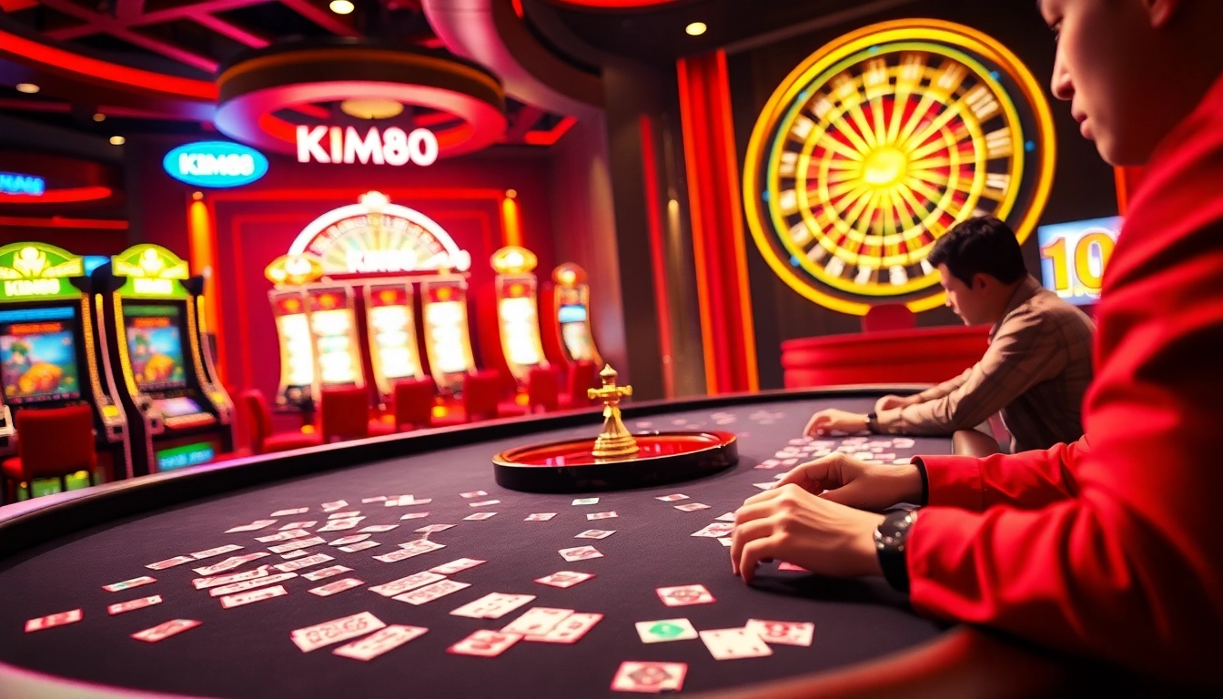 KIM88 players enjoying intense poker action amidst vibrant casino atmosphere.