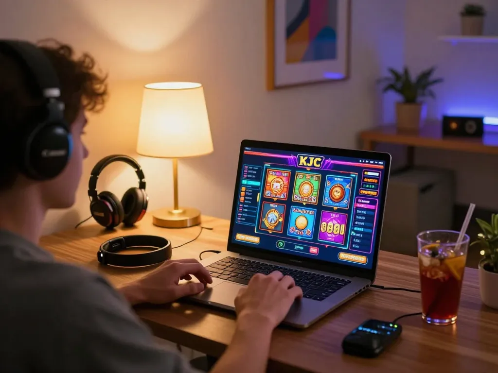 Engaged player enjoying KJC-themed online casino slots at a stylish home setup