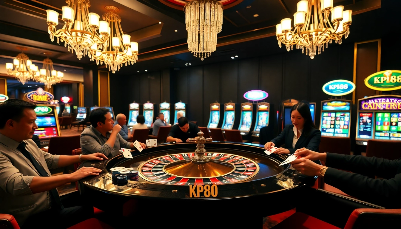Experience the excitement of KP88 casino with players at a luxurious roulette table.