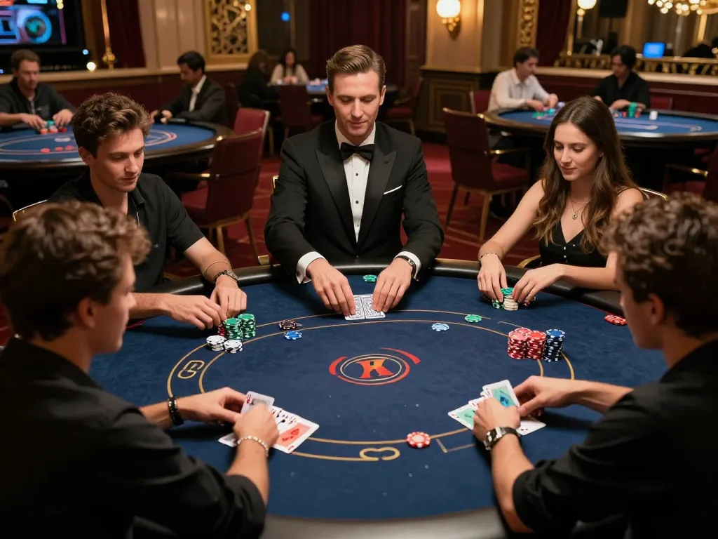 Enjoying a thrilling poker game at https://da88at.com/ with focused players and colorful chips.