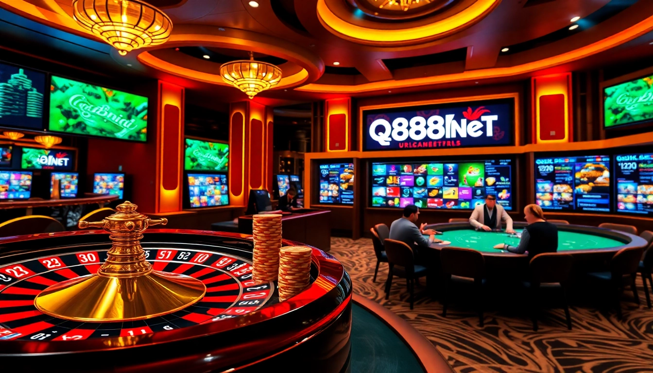 Exciting gaming action at QQ88z Net casino with roulette, poker, and online betting visuals.