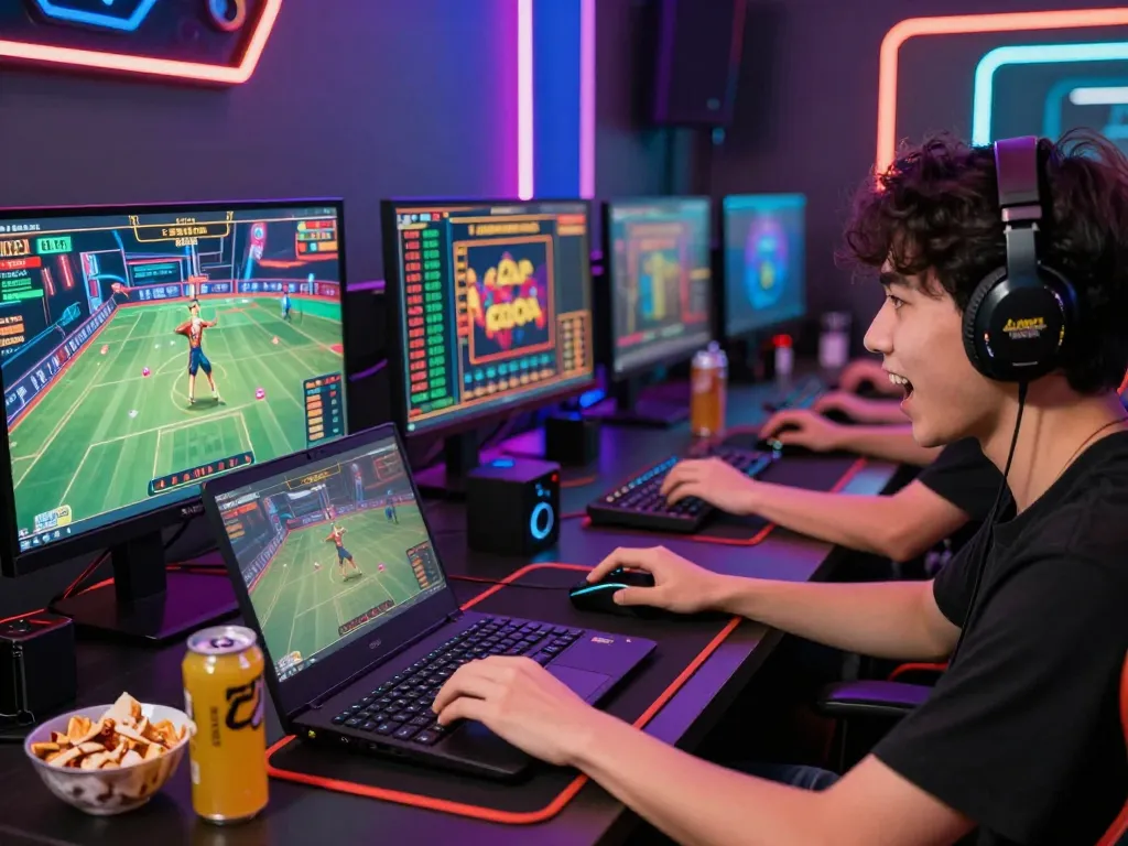 Player immersed in Luckywin gaming with multiple screens displaying betting odds and a vibrant atmosphere.