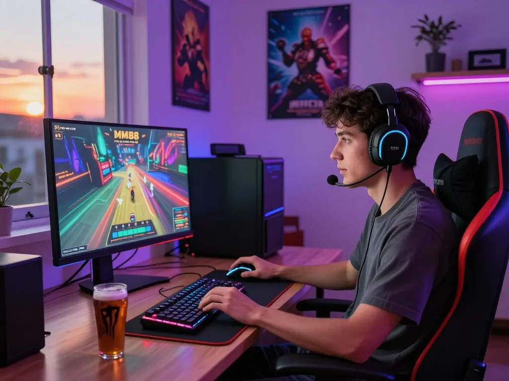 Engaging player immersed in MM88 online gaming experience in a modern home office.