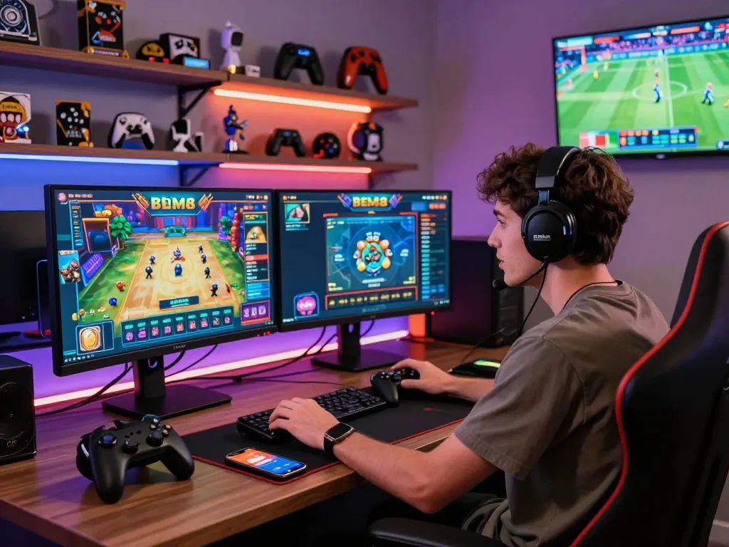 Exciting BEM88 online gaming experience with a player immersed in casino games and sports.
