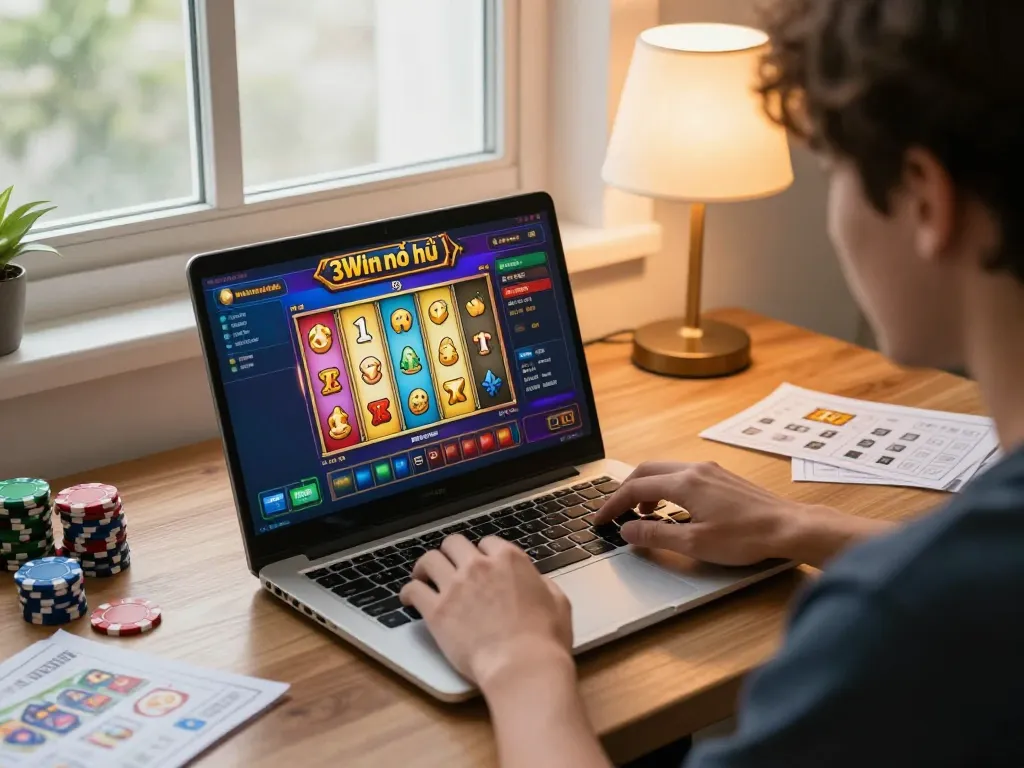 Engaged player experiencing 3Win nổ hũ at home, showcasing excitement and strategy in online gambling.