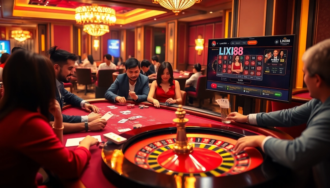 LIXI88 engaging online gamblers at a luxurious casino table with poker chips and roulette wheel.