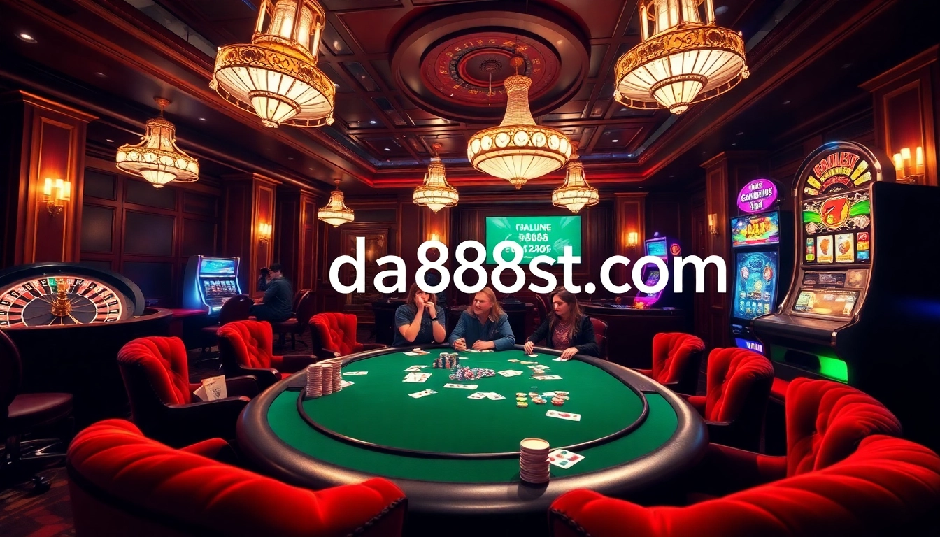 Engaged players at the poker table in a luxurious casino environment, showcasing https://da88st.com/.