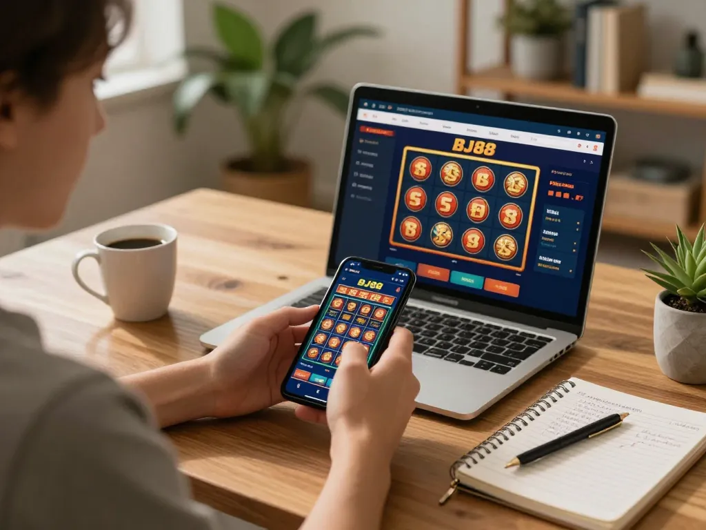 Person exploring the BJ88 casino app on a tablet in a cozy home setting, emphasizing responsible gaming practices.