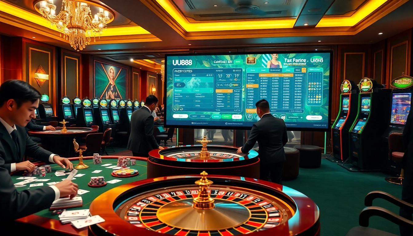 The dynamic UU88 online casino experience featuring luxurious gaming tables and players engaged in high-stakes action.