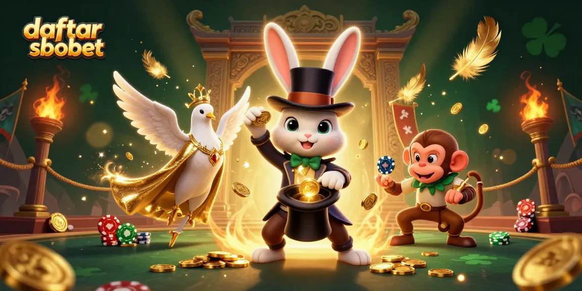 Engage in thrilling games with daftar sbobet as a magician rabbit reveals golden coins amidst a vibrant festival scene.
