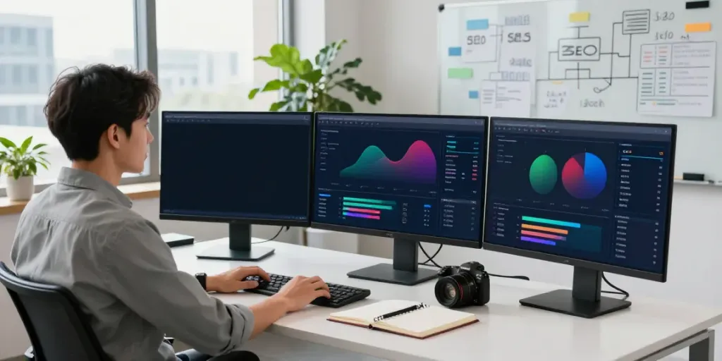 Digital marketing office showcasing instant indexing processes with multiple screens and natural light.