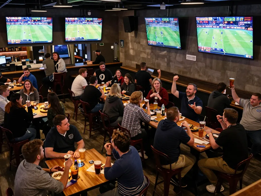 Excited fans engaging in ca khia sports betting at a lively sports bar with multiple screens displaying live games.