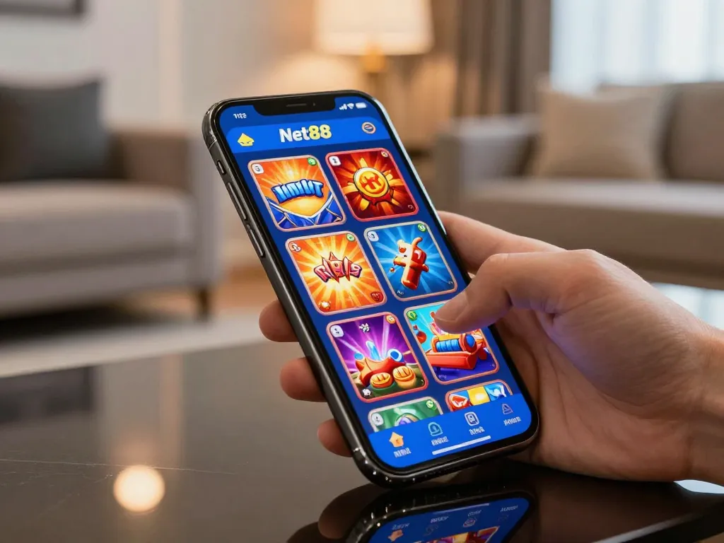 Engaging with Net88 app in a modern home setting for online gaming excitement.