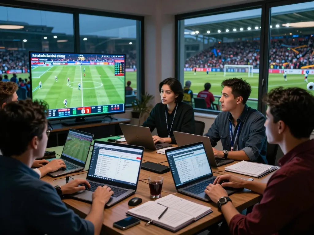 Kèo nhà cái hôm nay analysis by sports analysts in a live match setting with screens displaying real-time betting data.