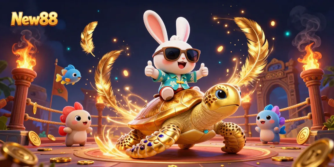 Discover thrilling gameplay at New88 with a lucky rabbit and giant golden turtle amidst festive casino elements.