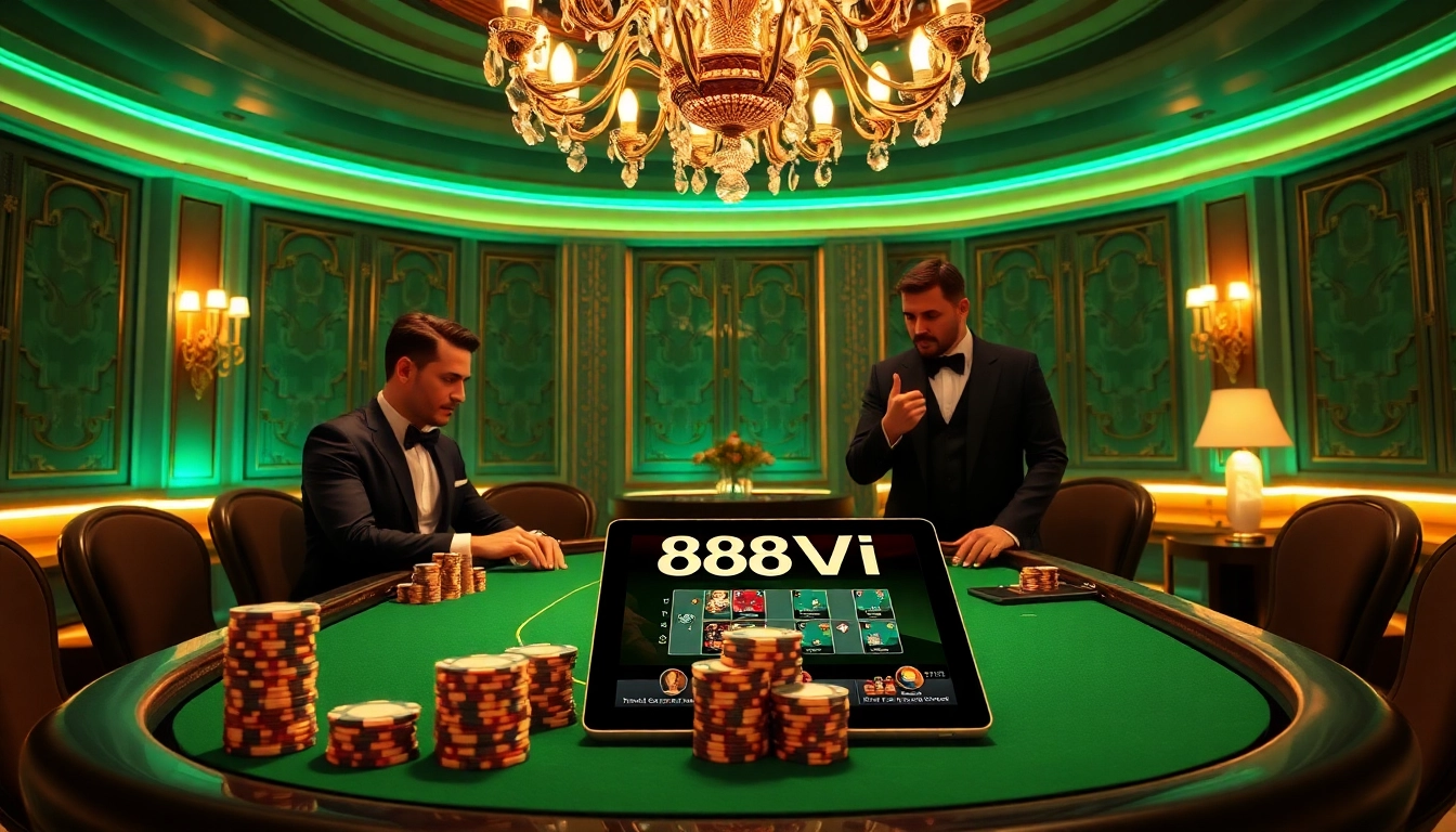 Experience high-stakes action at 888VI casino with poker chips and an online gambling interface.