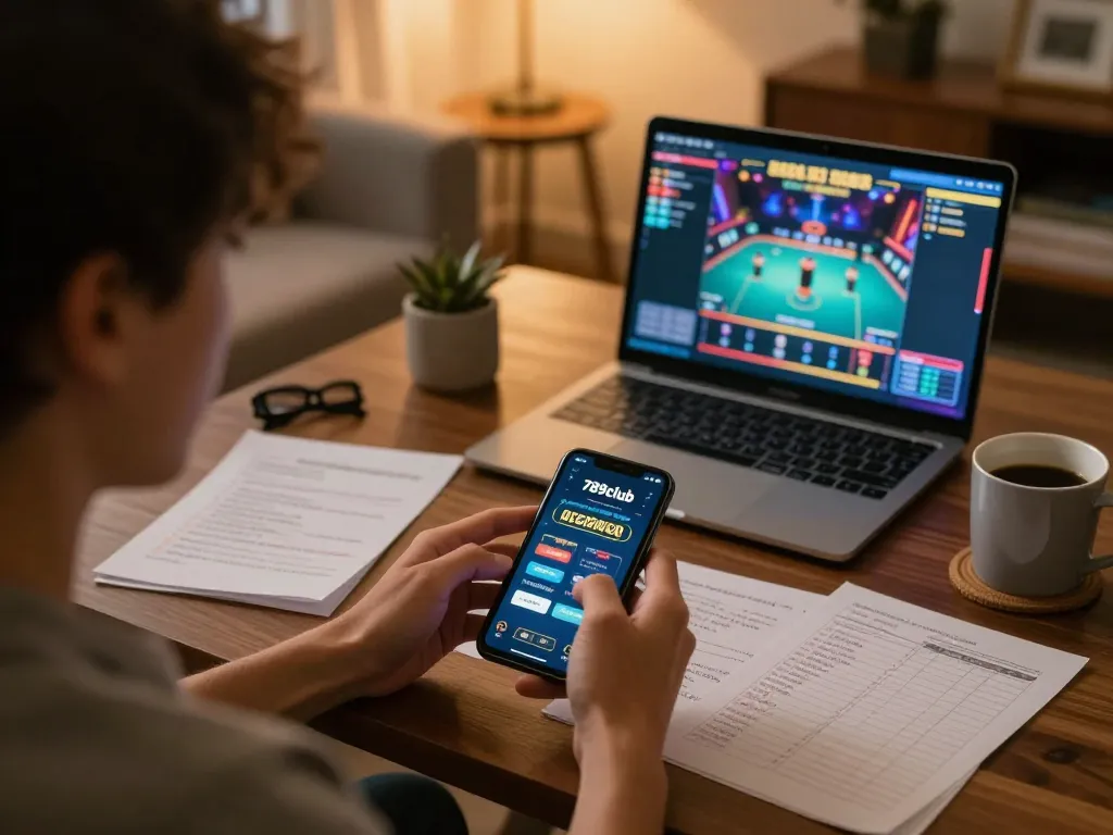 Player engaging with the 789club casino app, showcasing a focused online gaming moment with strategy notes and cozy home setup