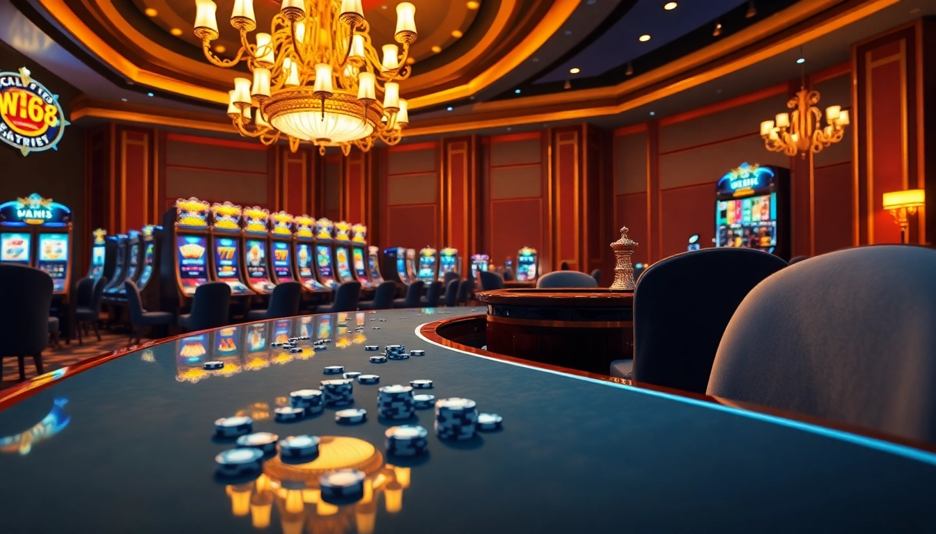 Experience a thrilling casino atmosphere with WIN678's luxurious online gaming options, featuring vibrant slot machines and polished tables.