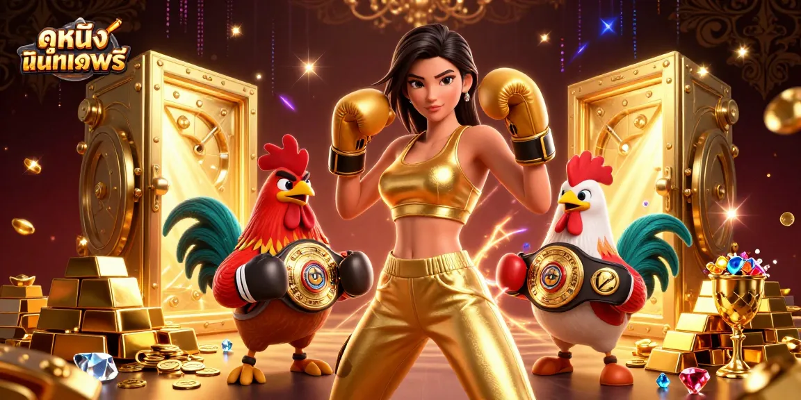 Experience ดูหนังออนไลน์ฟรี excitement with a dynamic casino scene featuring a powerful female fighter and championship rooster.