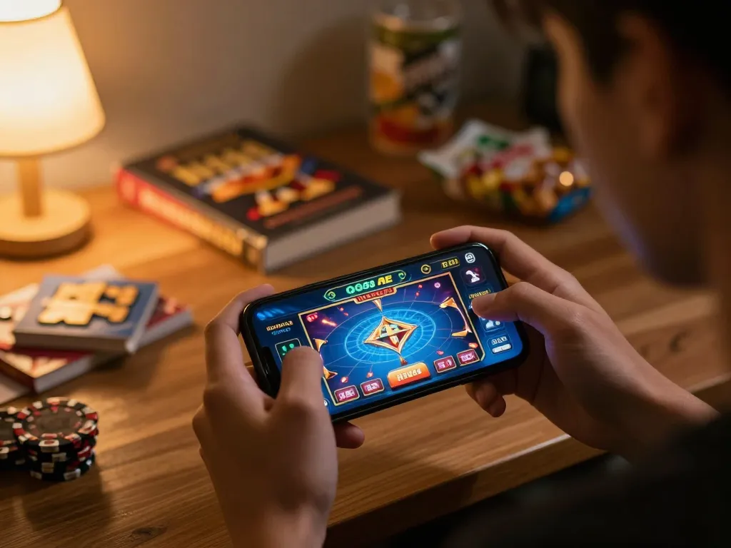 Player engaging with the QQ88 AE app on smartphone, highlighting mobile gambling strategy and excitement.