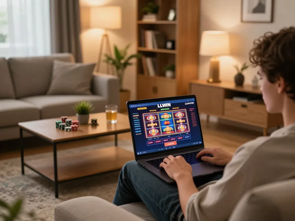 Player engaging with LLWIN COM online casino from a cozy living room setup, laptop displaying vibrant game graphics.