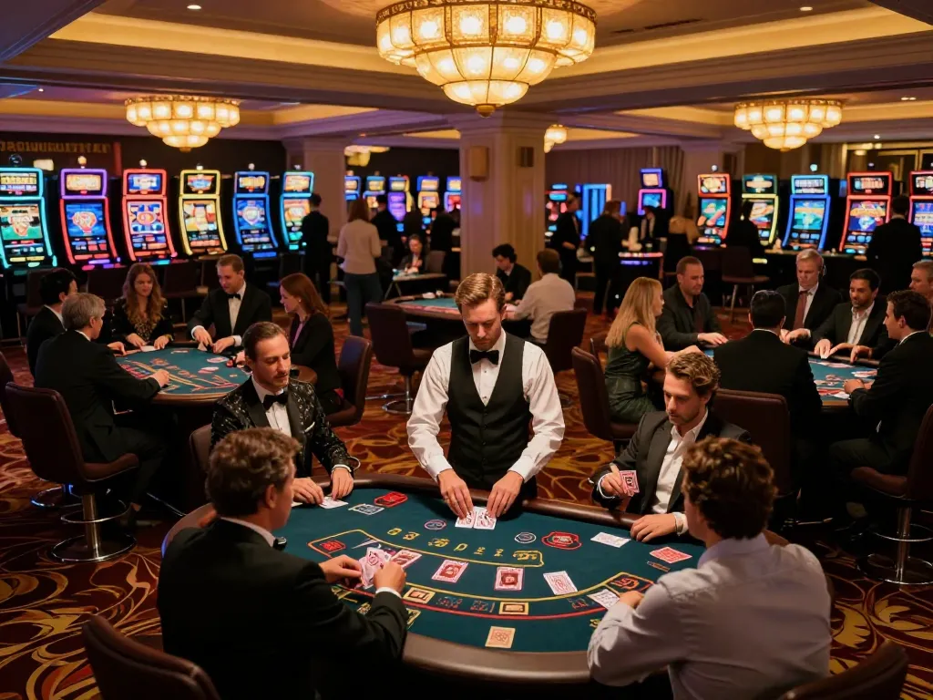 Players engage intensely at blackjack tables in a luxury casino atmosphere at god55.