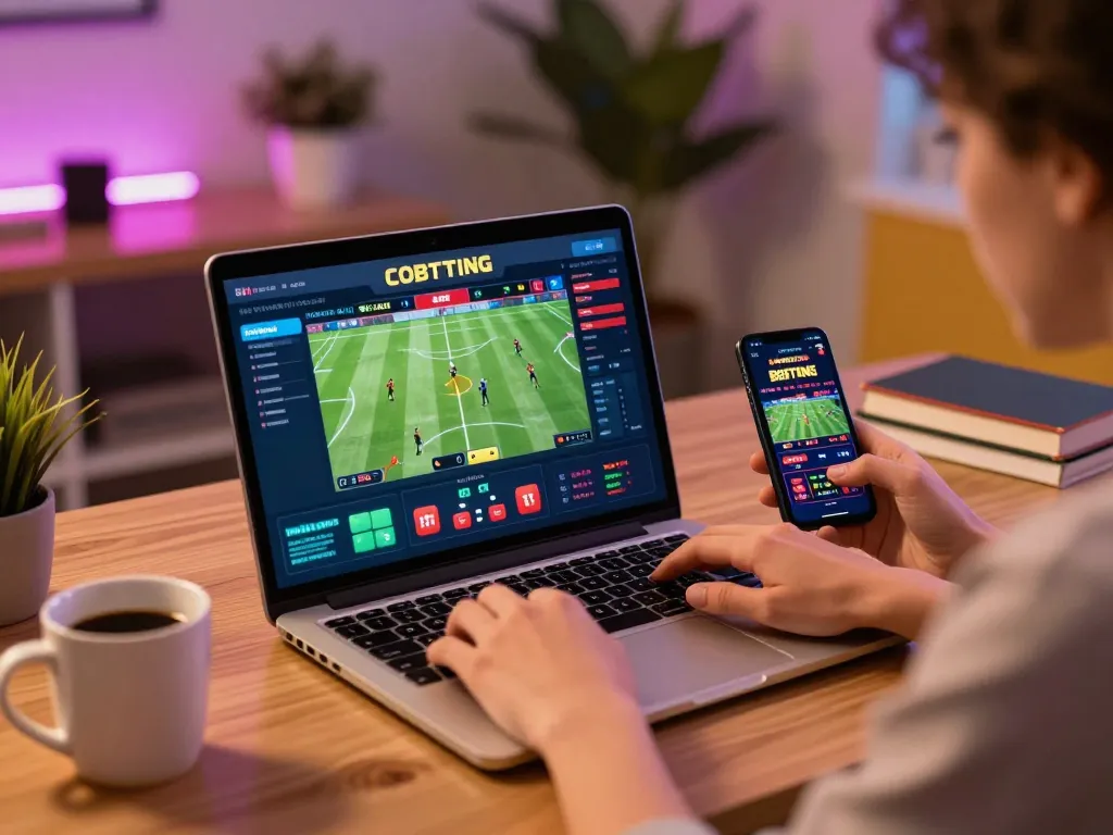 Engaged user exploring betting options on NHÀ CÁI F168 in a cozy home setting, evoking excitement and strategy.
