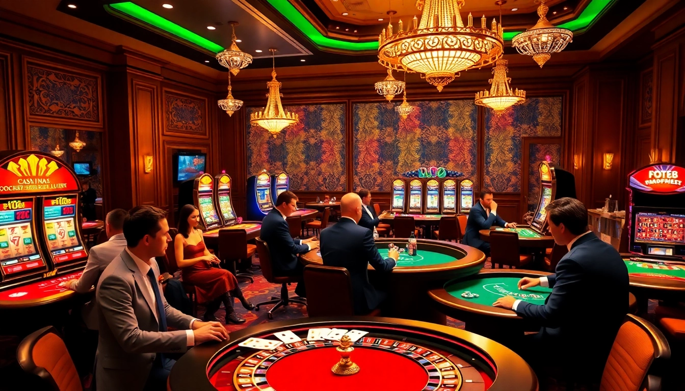 Dynamic scene of players enjoying various casino games at F168 with vibrant slot machines.