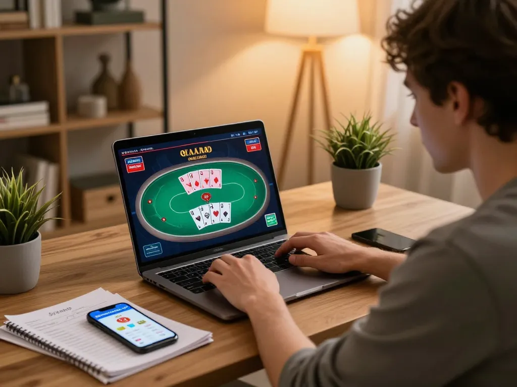 Player engaging in online poker at 68winathen, balancing strategy notes and smartphone with casino app.