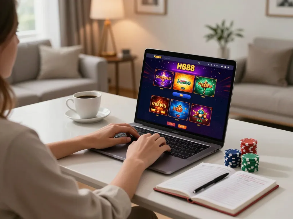 Person engaging with HB88 online casino platform on a laptop while enjoying a cozy home environment.
