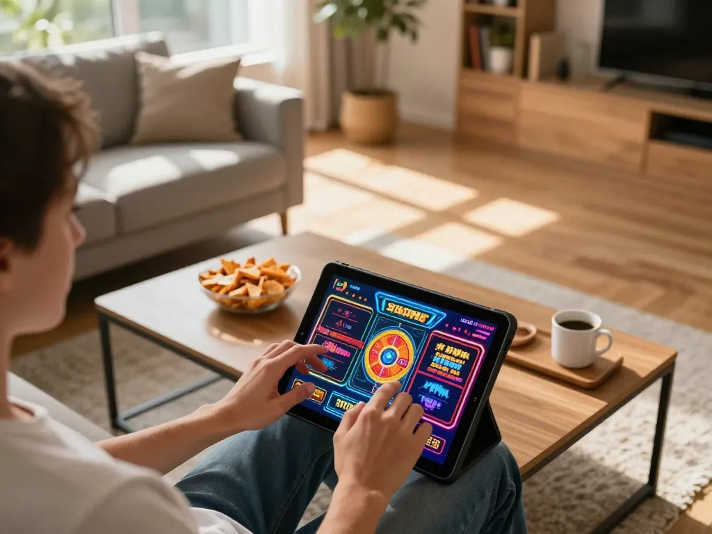 Engaged player explores online slots at LV88, surrounded by snacks in a cozy living room ambiance.