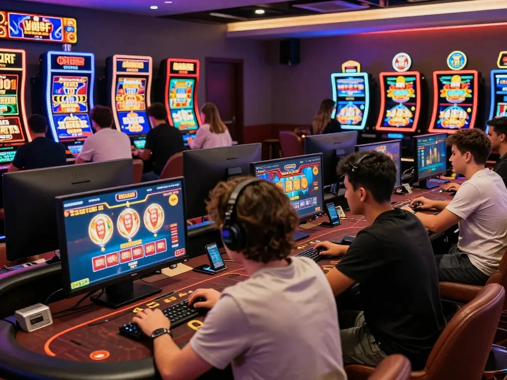 Players enjoying online games at 789club in vibrant casino setting.