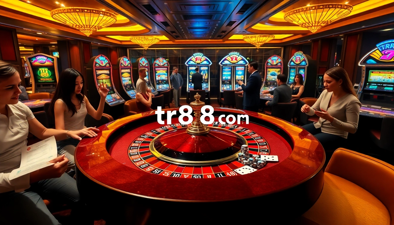 Gambling excitement at a luxurious casino scene featuring tr88 com with roulette tables, cards, and chips.