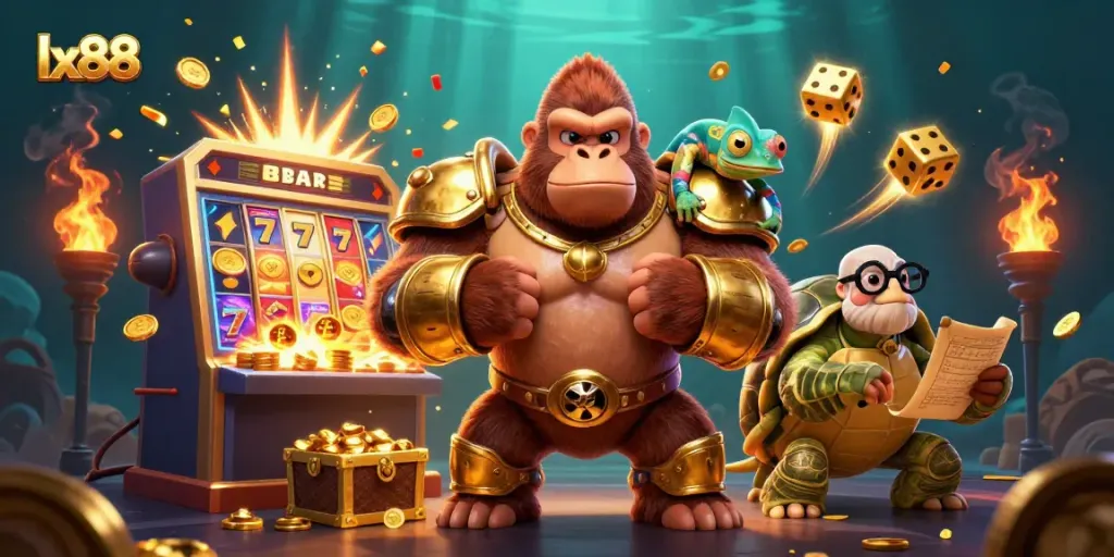 Experience the thrill of winning at lx88 with cartoon characters celebrating a jackpot in a dazzling casino scene.