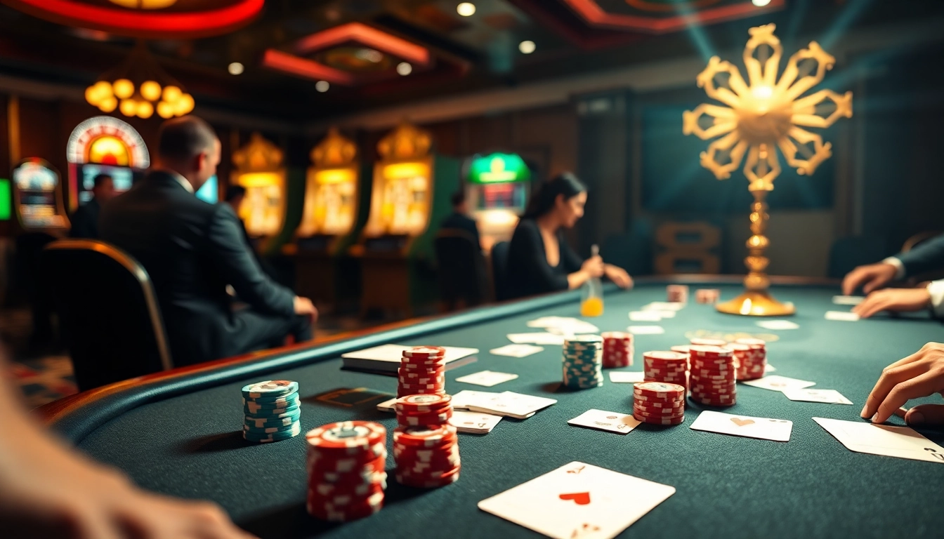 Players enjoying an exciting poker game at PG88 casino table with vibrant chips and cards.