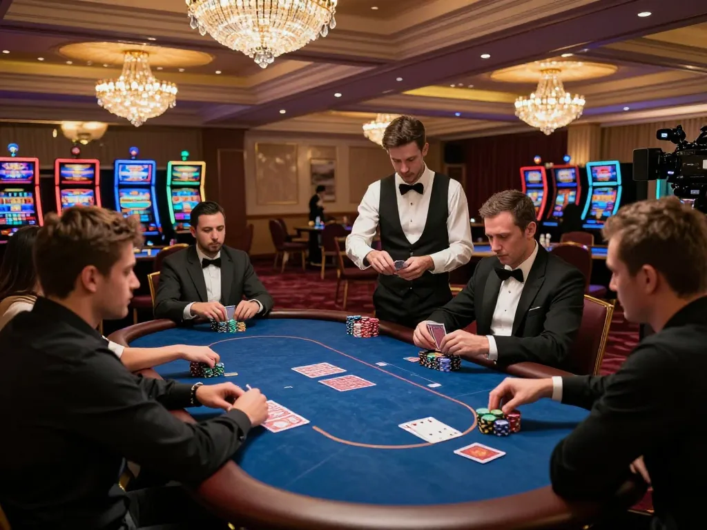 Go99 poker players engaged in a high-stakes tournament, illuminated by elegant chandeliers in a luxury casino.