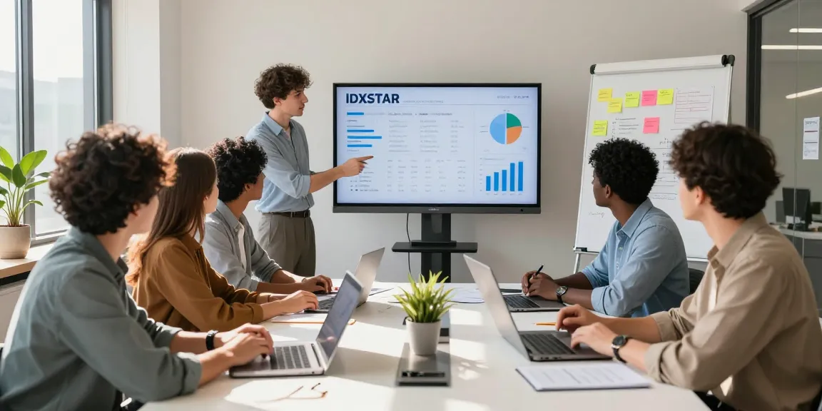 Team strategizing IDXSTAR digital marketing insights in a modern office.