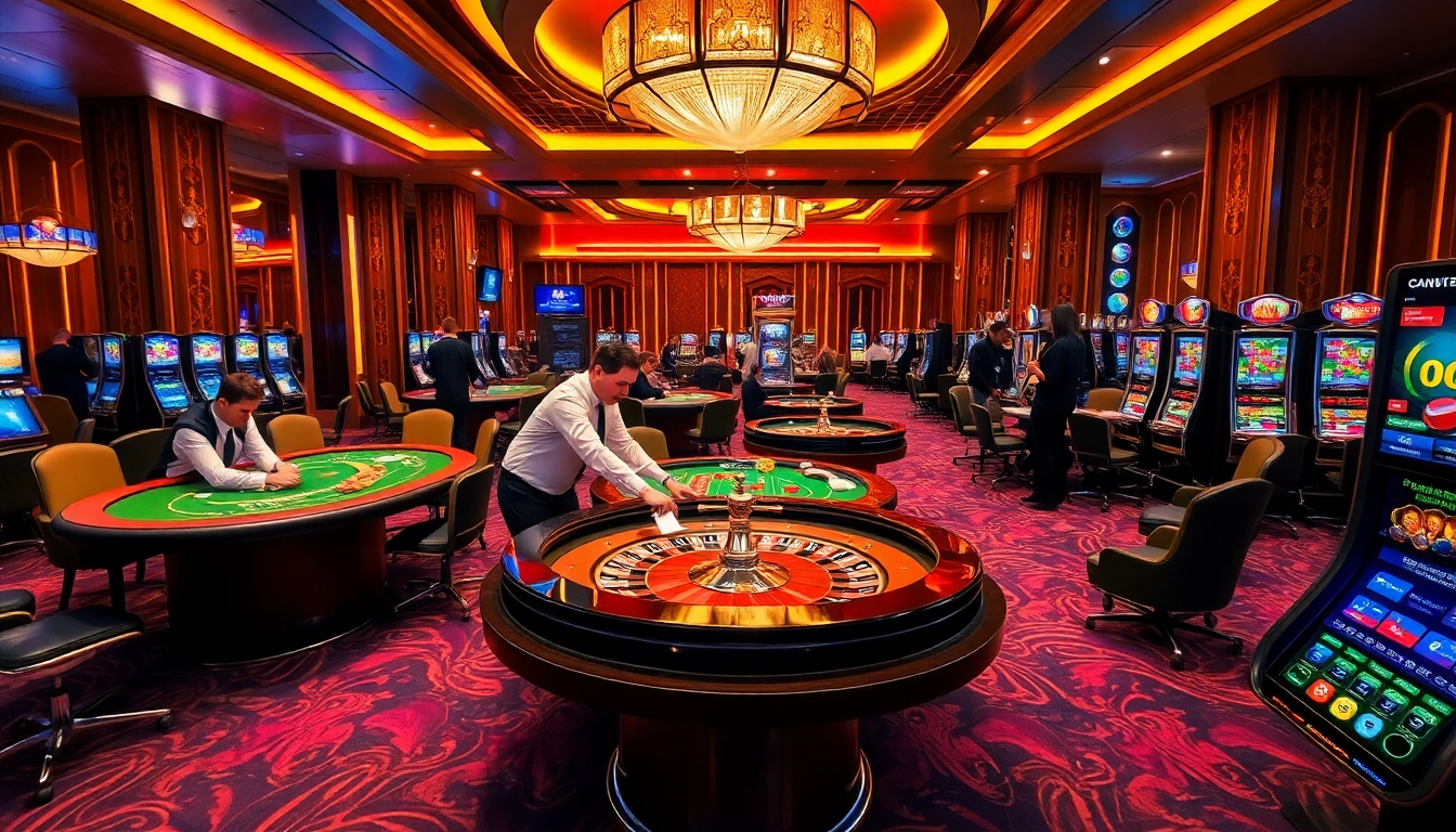 Engaging casino atmosphere at SCLUB88 with poker tables and excited gamblers.