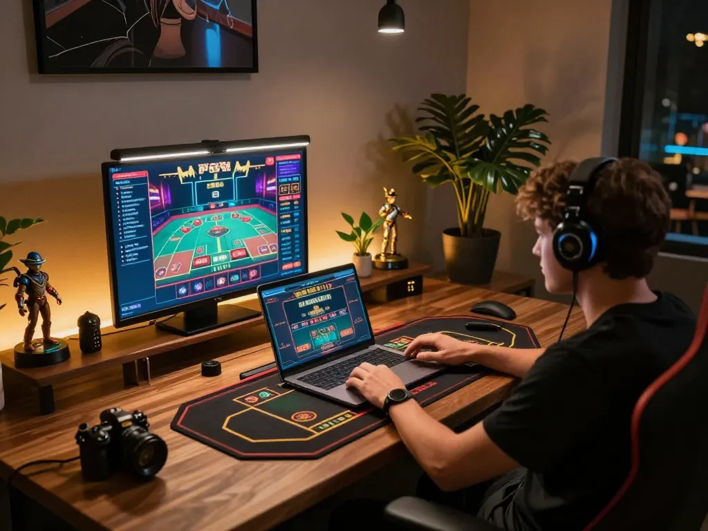 Player engaging in online dh 88 gambling on a laptop with live dealer interface.
