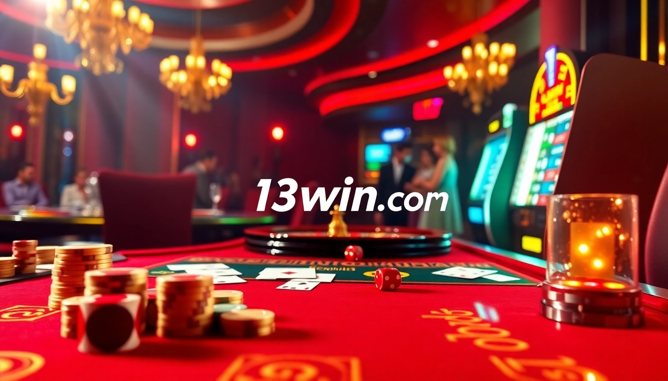 Experience the excitement of casino gaming at 13win.com with vibrant tables, chips, and players in action.