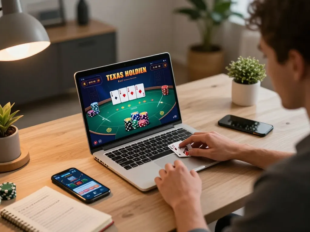 Engaging in online poker gaming at home, exploring kk win strategies and bets.