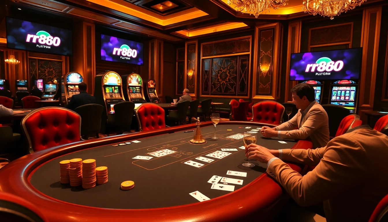 Experience the thrill of poker with rr888 at an elegant casino table surrounded by luxurious decor.