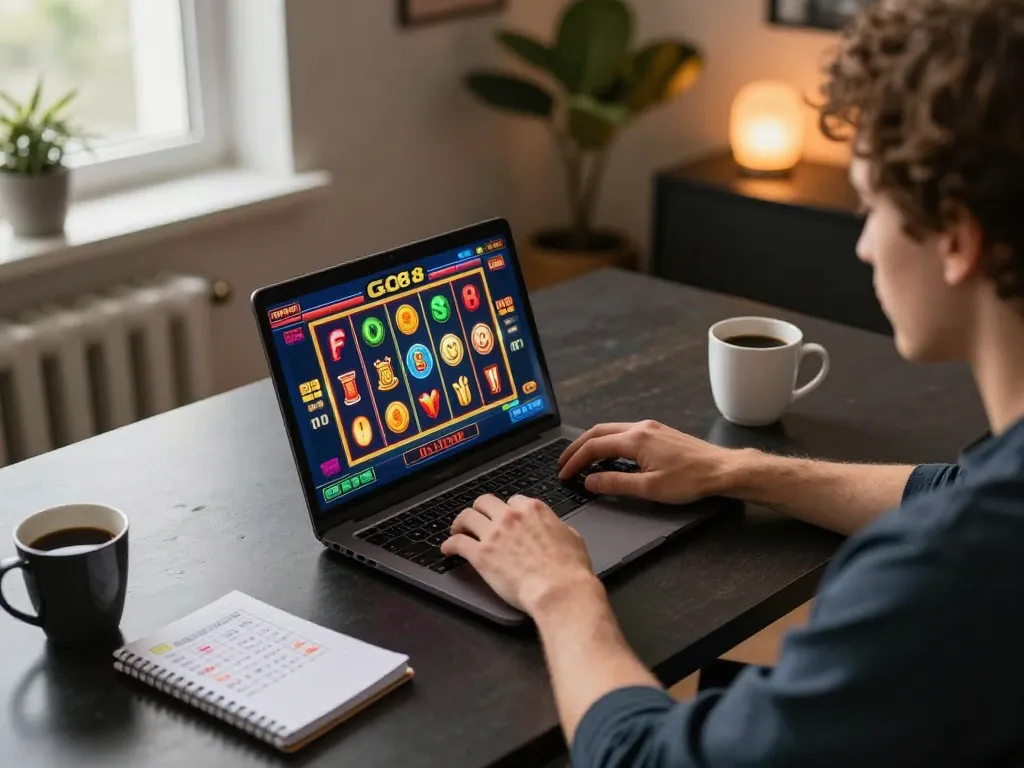 Engaging in a go8 slot game from a cozy online setup, showcasing vibrant game interface