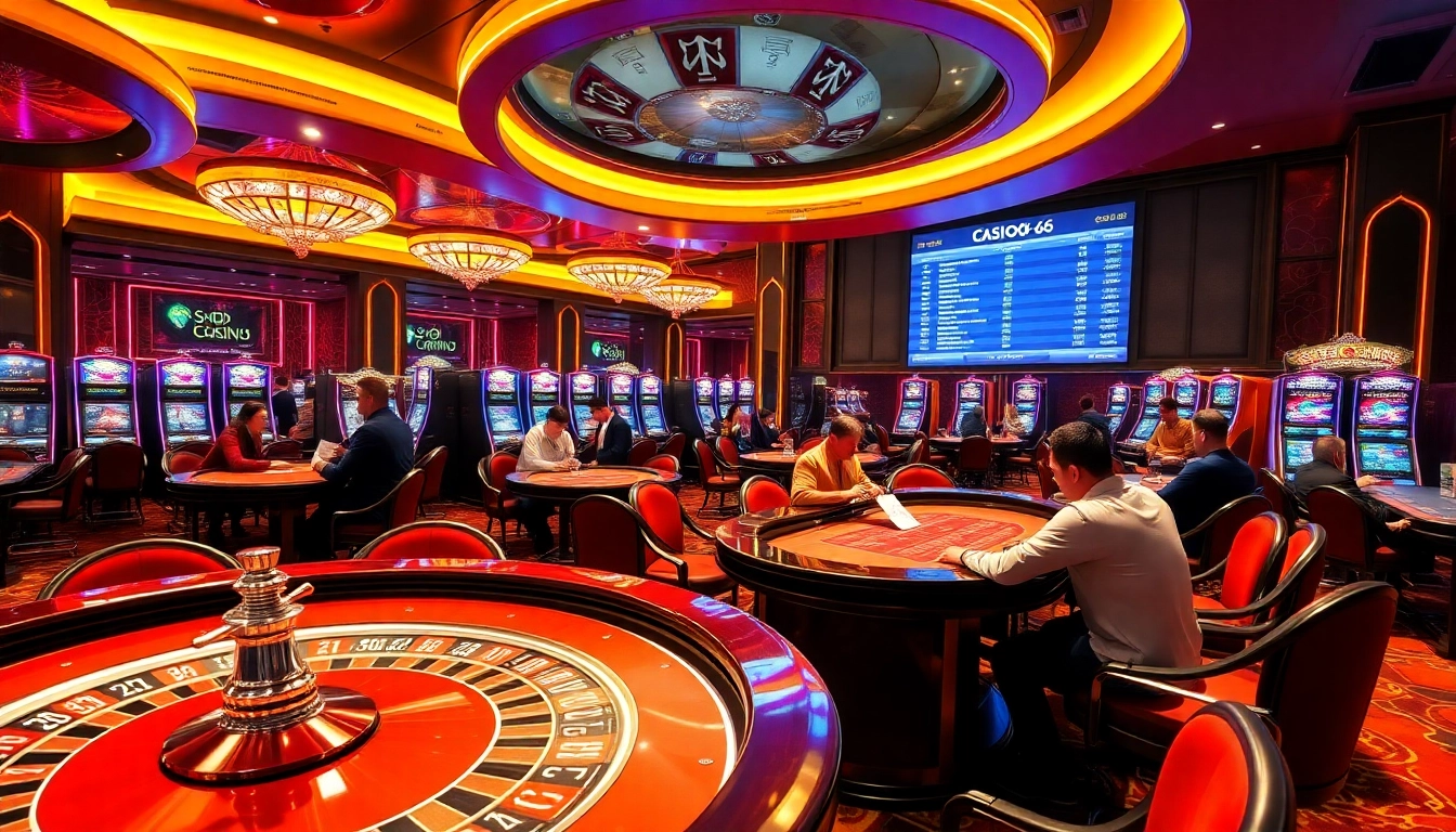 SODO CASINO 66 lively casino atmosphere with roulette tables and players enjoying games.