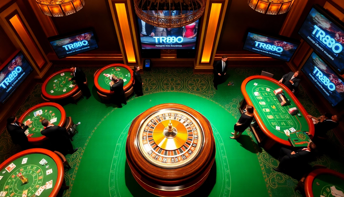Engaging scene at TR88 autos casino with vibrant tables, roulette wheel, and excited players.