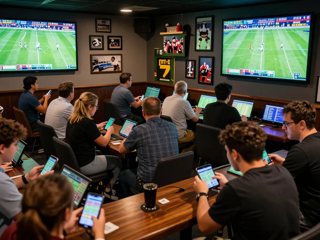 Cakhiatv sports betting enthusiasts closely monitoring live matches and placing bets in an excitement-filled lounge.