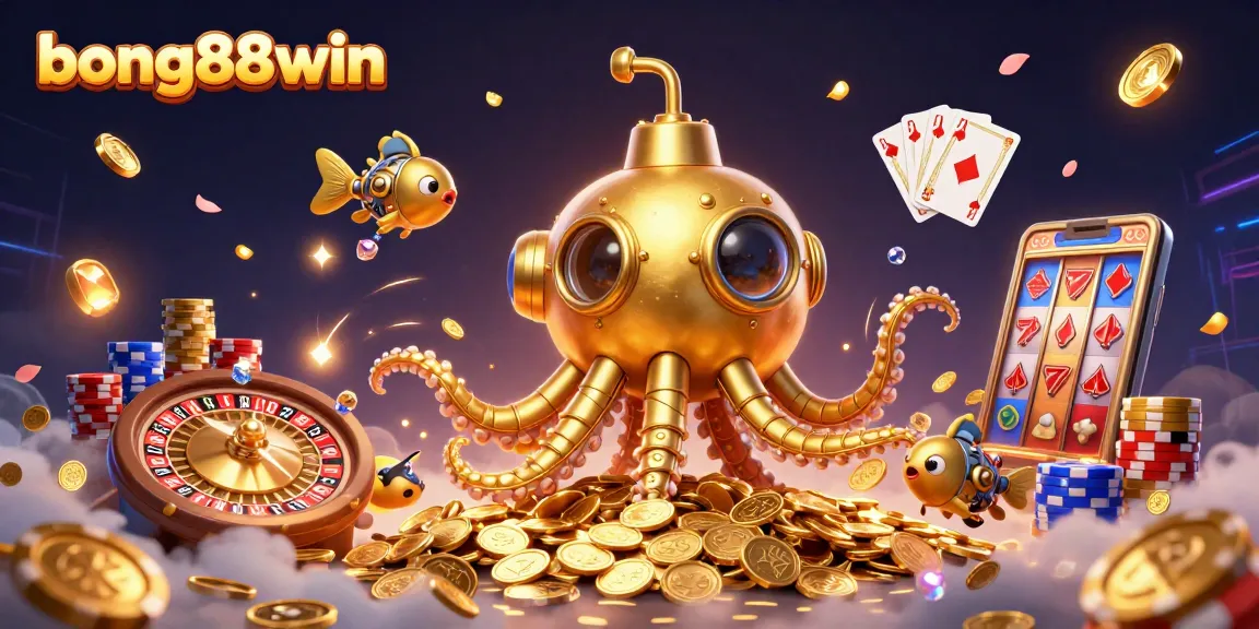 Engage with bong88win's vibrant casino world featuring a golden kraken and dynamic game elements.