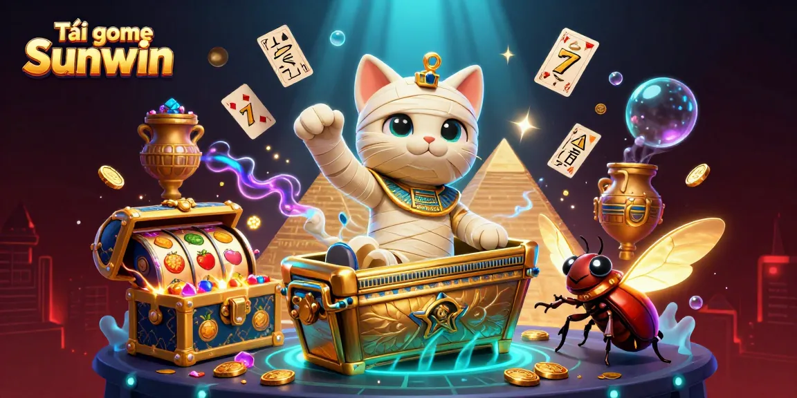 Tải game Sunwin with vibrant slot machines and a rich visual scene of a cartoon mummy cat and glowing elements.